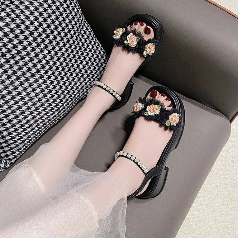 Ingvn  Summer Sandals for Woman Diamond Women's Shoes Beach Footwear with Medium Heels Beige Platform Rhinestones F Korea