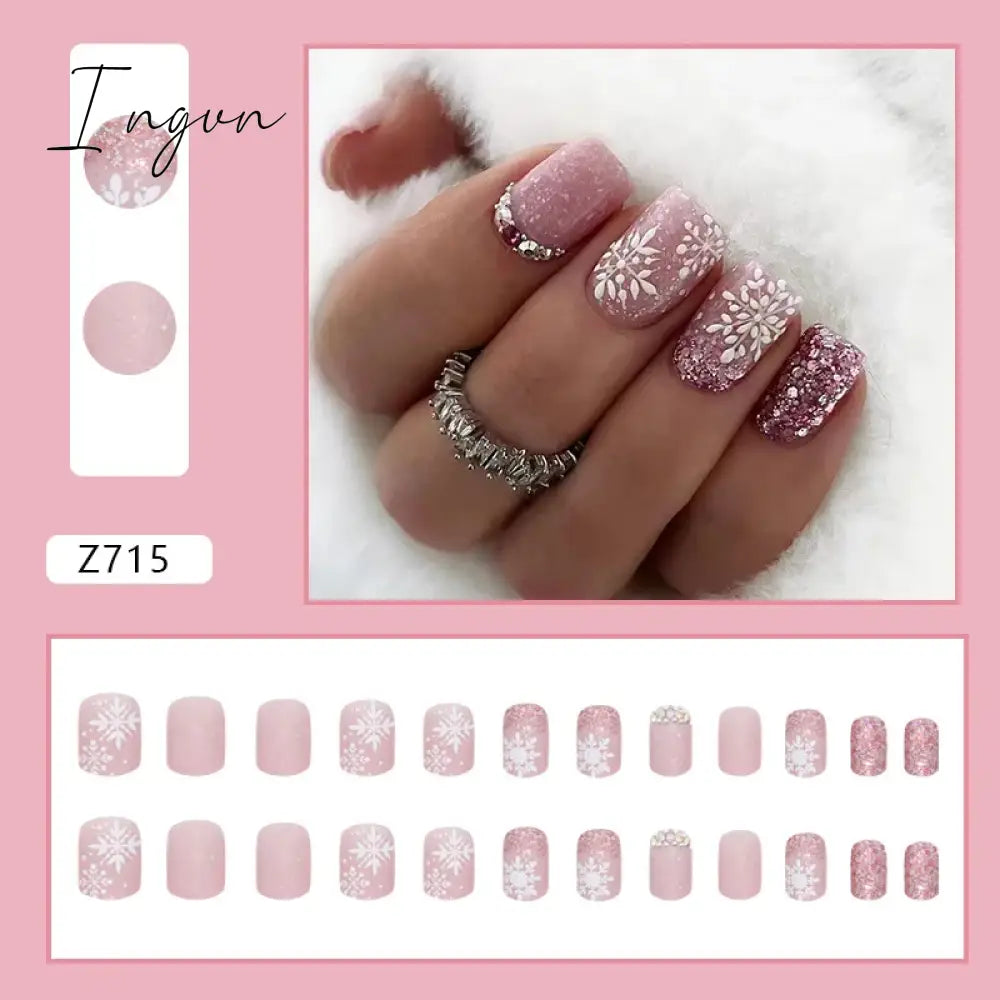 24pcs/Box Gradient Nail Art Patches False Nails Short Square Nail Blue Starry Glitter Teardrop Diamond Fake Nail Tips