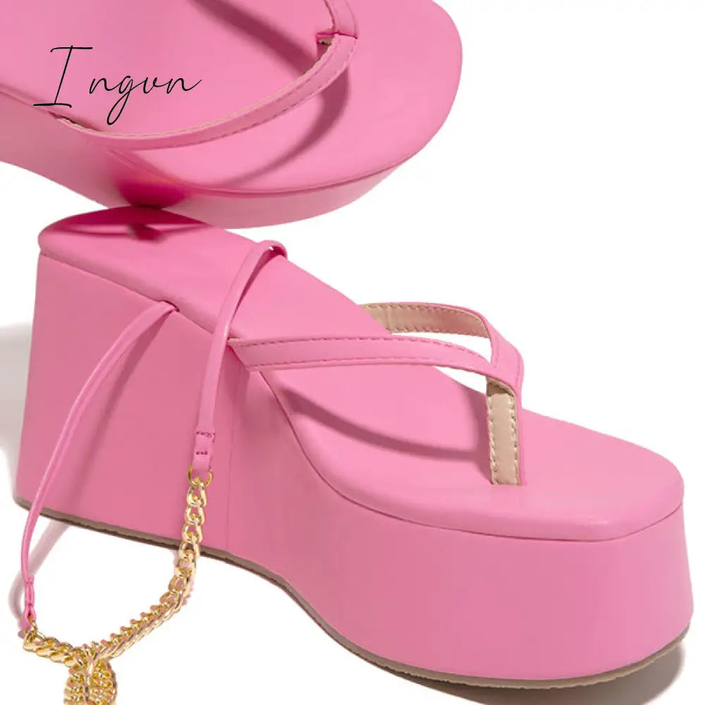 Ingvn - Ankle Chain Lace-Up Thong Entry Wedge Platform Sandals