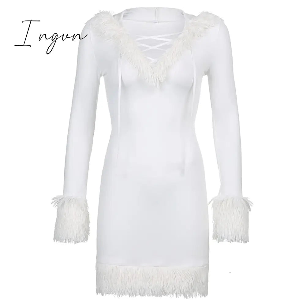 Ingvn - Furry Long Sleeve Hooded Bodycon Mini Dresses Women White V Neck Fuzzy Dress Skinny Christmas Party Streetwear Winter