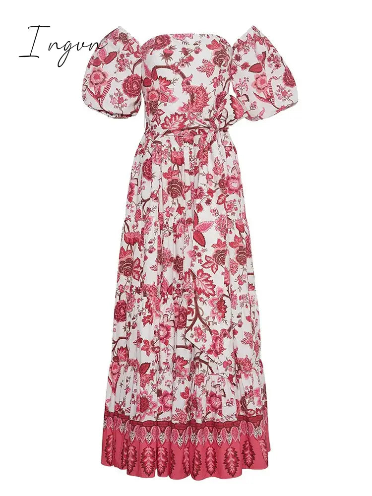Ingvn - Off Shoulder Dress For Women Square Collar Puff Short Sleeve High Waist Colorblock Print Elegant Long Dresses Female Fashion