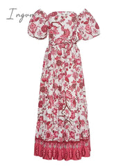 Ingvn - Off Shoulder Dress For Women Square Collar Puff Short Sleeve High Waist Colorblock Print Elegant Long Dresses Female Fashion