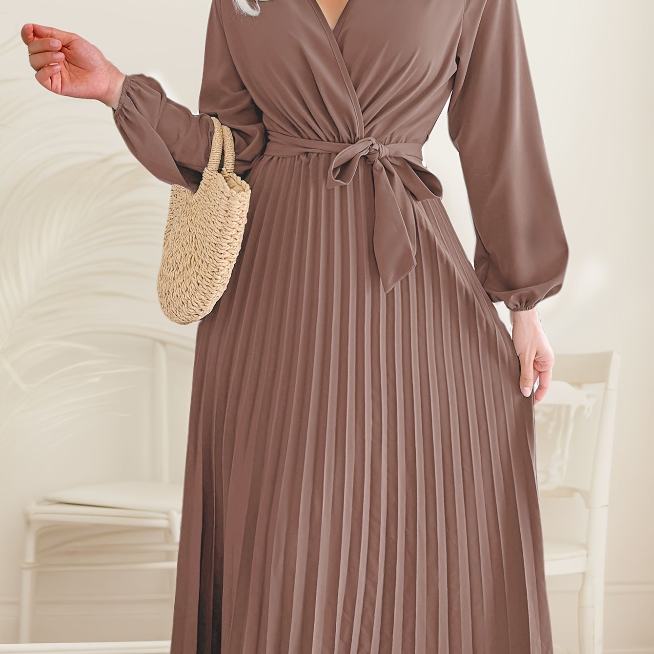 Womens Wrap Tie Dress Casual Fall V Neck Pleated Long Sleeve Solid Flowy Dress For Party Wedding Guest