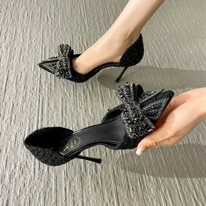 Ingvn  Luxury Pearl Crystal Bowtie White Wedding Shoes Women  Spring Brand Designer High Heels Pumps Woman Thin Heeled Party Shoes