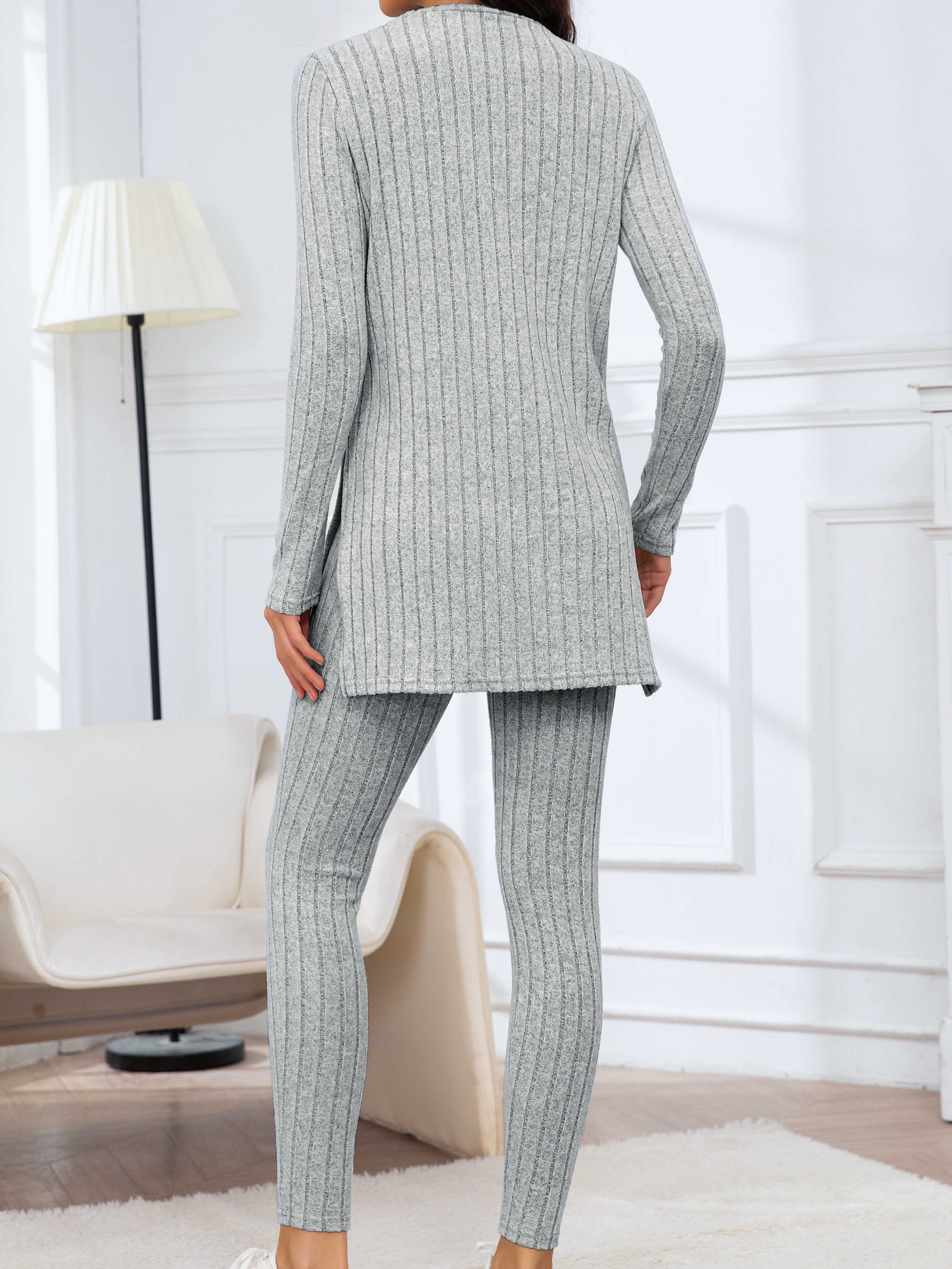 Casual Ribbed Knit Two-piece Set, Split Hem Long Sleeve Top & Slim Pants Outfits, Women's Clothing