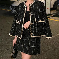 Ingvn - European Style Autumn Winter 2 Piece Set Women Short Woolen Tweed Jacket Coat & Bodycon Mini Skirt Set Women Two Piece Outfits