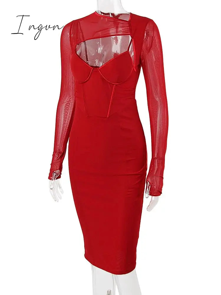 Ingvn - Spring Autumn Dresses for Women Winter Long Sleeve Padded Corset Hollow Out Lined Wedding Guest Dress Holiday Party Outfit Women Bodycon Elegant Dress