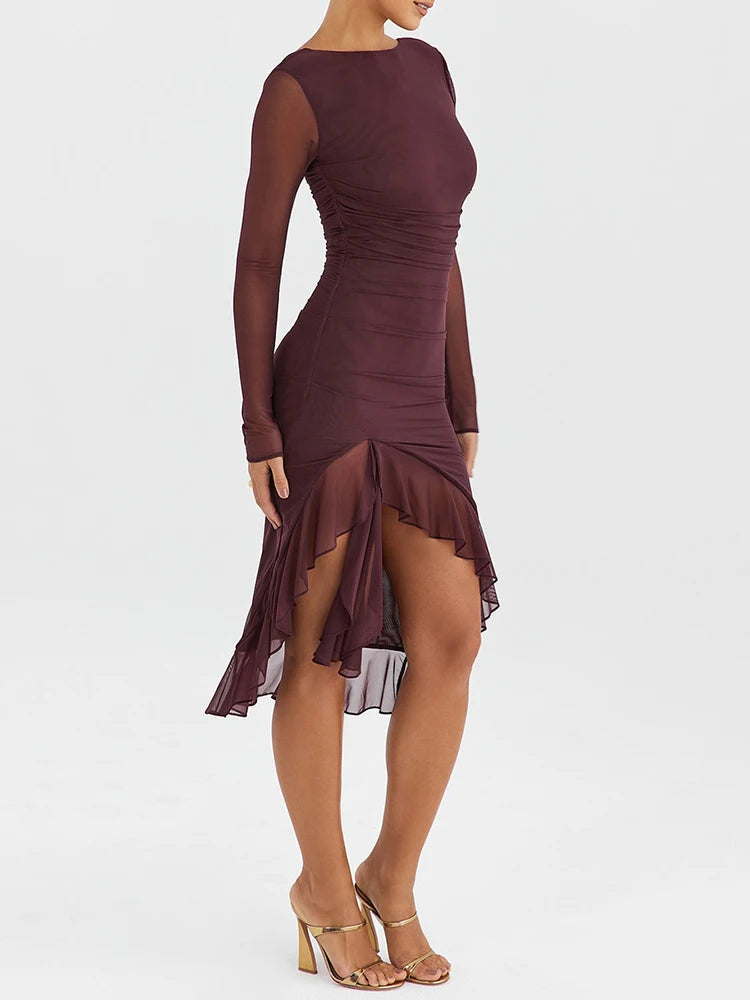 Elegant Ruffle Ruched Midi Dress For Women Robe Sheer Long Sleeve Backless Irregular Club Party Sexy Dress Vestido