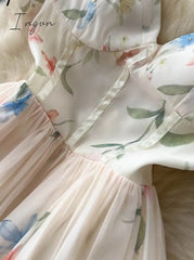 Ingvn - Elegant Dress for Women Floral Print Off Shoulder Strapless Short Puff Sleeve Fashion High Waisted Sexy Camis Dresses