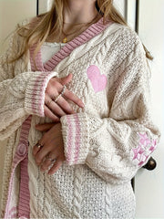 Heart & Stars Embroidered Button Front Cardigans, Casual V Neck Long Sleeve Knitted Cardigans Top For Spring & Fall, Women's Clothing