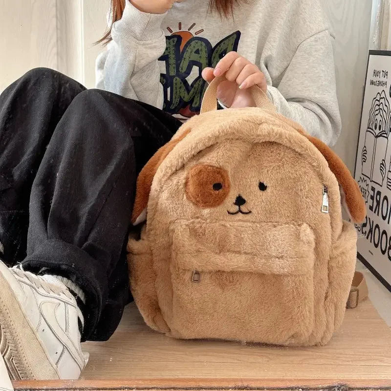 Ingvn  Cute Puppy Womens Backpack Plush Brown Fluffy Cartoon Sweet Kawaii School Backpack Students Casual Daily Fashion New Bag