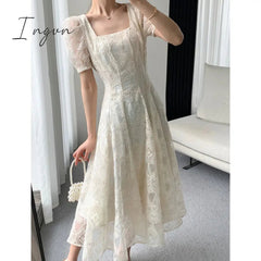 Ingvn - Summer French Style Lace Women Elegant Square Collar Party Midi Dress Female Fashion A Line Apricot Ruffle Lady Clothes Vestidos
