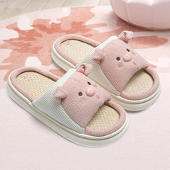 Ingvn  Cute Cartoon Pig Hemp Slippers Women  Winter Comfort Soft Sole Funny Cotton Slippers Woman Non Slip Flat Heels House Shoes