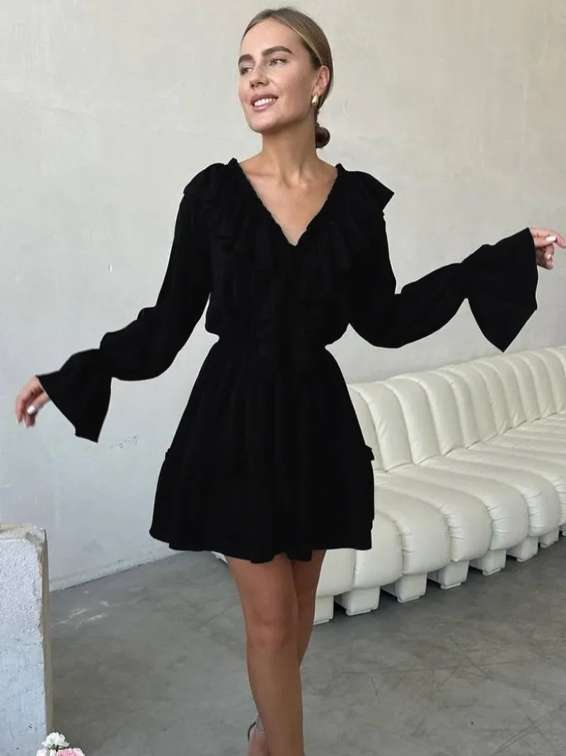Ingvn  Fall V-neck Flare Sleeve Ruffles Short Dresses Streetwear Women's High Waist Lace-up Tunics Ruched A-line Pink Party Dress