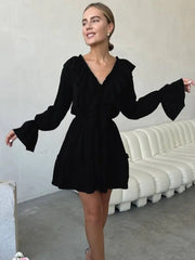 Ingvn  Fall V-neck Flare Sleeve Ruffles Short Dresses Streetwear Women's High Waist Lace-up Tunics Ruched A-line Pink Party Dress