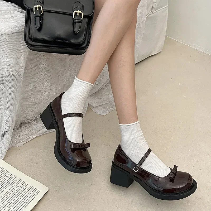Brown Jk Uniform Shoes British Style Retro Japanese Mary Jane Shoes Women's Lolita Bow Sweet Girls Kawaii Mid Heel Cute Laofers
