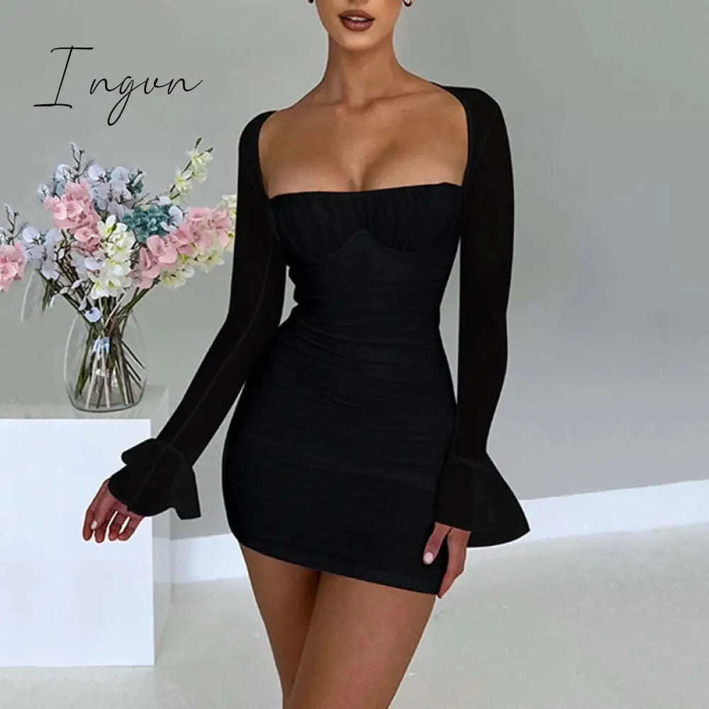 Ingvn - European And American Sexy Tight-Fitting Dress Autumn And Winter New Fashion Perspective Long-Sleeved Open Backpack Hip Skirt