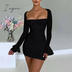 Ingvn - European And American Sexy Tight-Fitting Dress Autumn And Winter New Fashion Perspective Long-Sleeved Open Backpack Hip Skirt