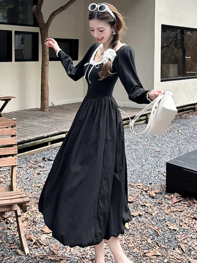 Autumn Sweet Black Midi Dresses for Women Elegant Long Sleeve Female Clothes Evening Party Dress Prom Robe Slim A-Line Vestidos