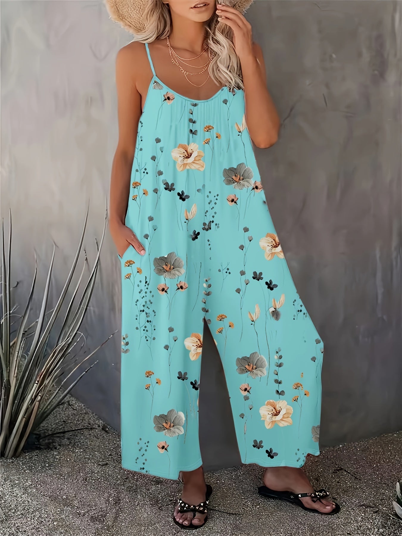 Floral Print Cami Jumpsuit, Casual Sleeveless Jumpsuit With Pockets For Spring & Summer, Women's Clothing