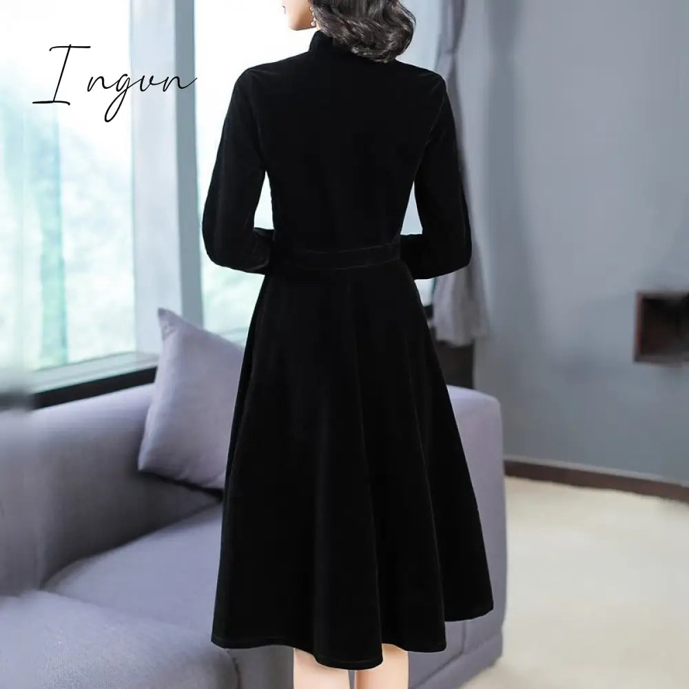 Ingvn - New Autumn And Winter Women European And American Hepburn Style Dress Black Thin Retro Velvet Collar