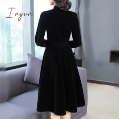 Ingvn - New Autumn And Winter Women European And American Hepburn Style Dress Black Thin Retro Velvet Collar
