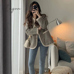 Ingvn - Autumn Winter Korean Fashion Casual Plaid Tweed 2 Piece Set Women Jacket Coat + Mini Skirt Suits Female Vintage Two Piece Sets