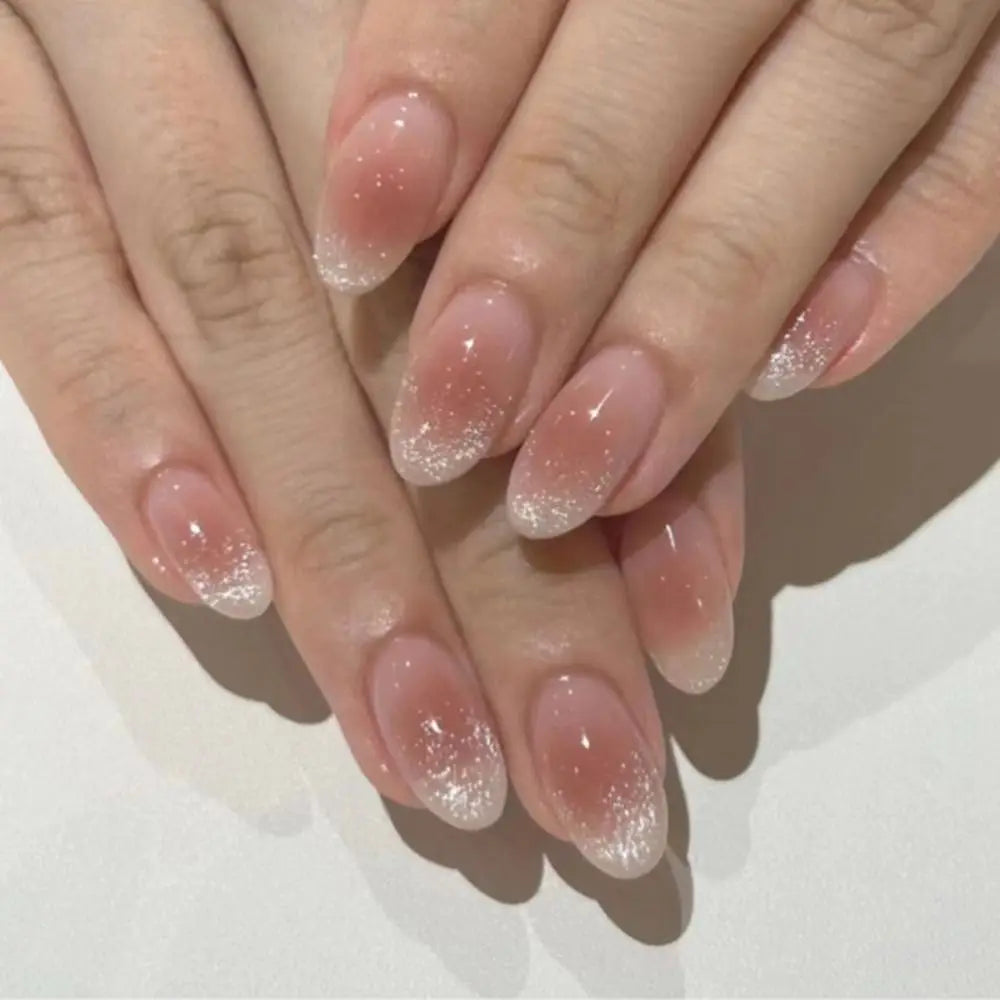 24pcs Long Almond False Nails French Pink Cloud Star Press on Nails Fake Nails DIY Manicure Detachable Gradient Flash Nail Tips