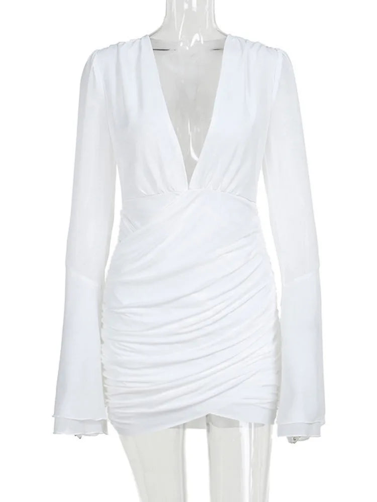 Elegant Deep V Neck Long Sleeve Sexy Mini Dress For Women Fashion White Ruched Bodycon Club Party Sexy Dress Vestidos