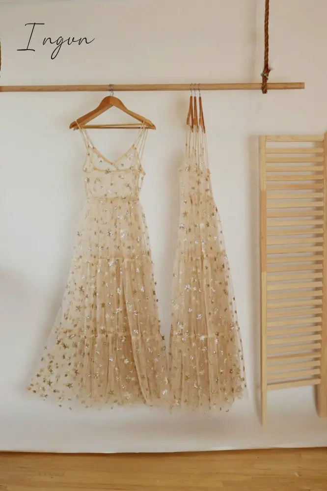 Ingvn - Elegant Spaghetti Straps Tulle Long Women Dress Fashion Bling Bling See Through Dress Sexy Fashion Hot Selling Beachwear