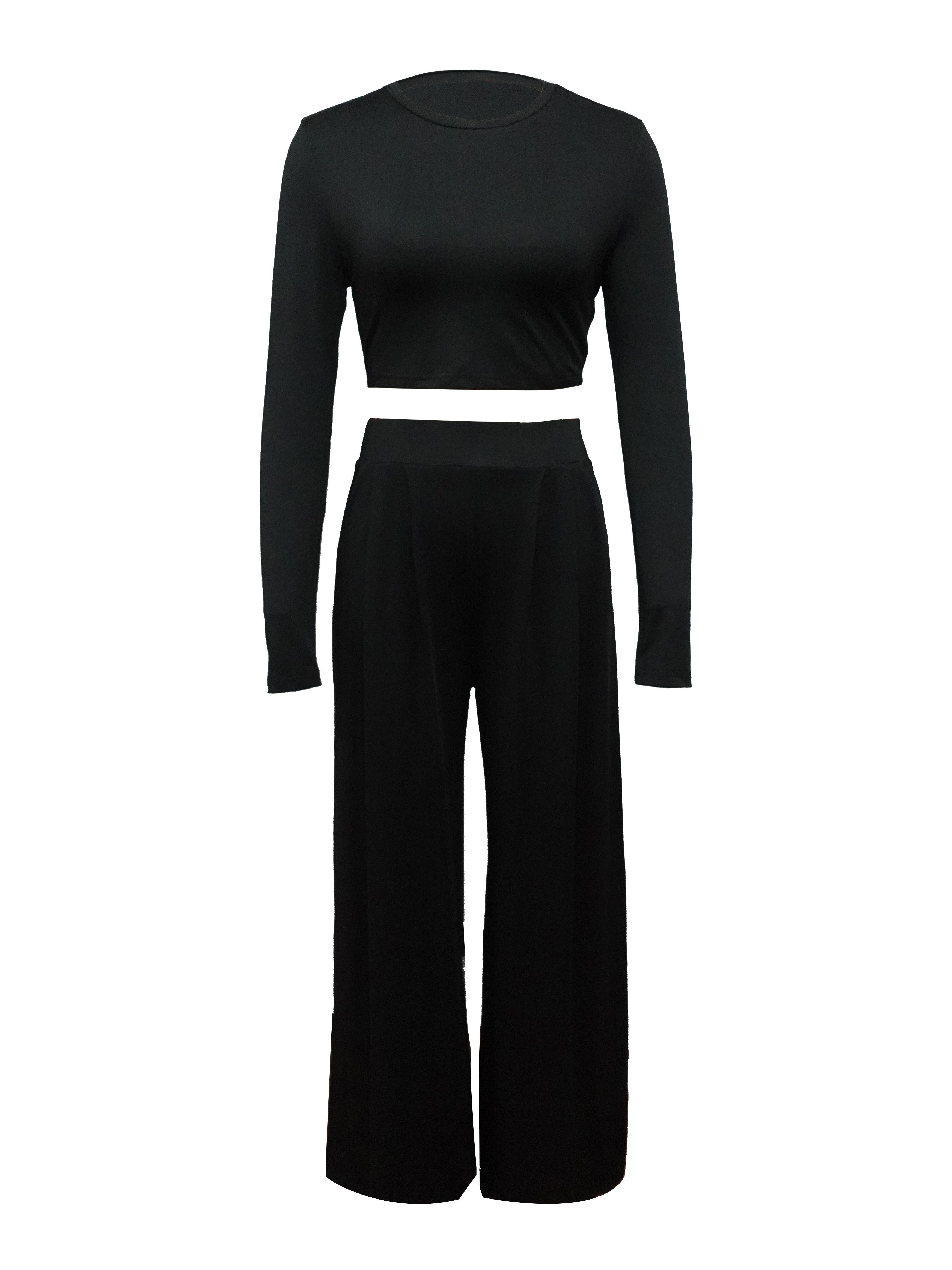 Two-piece Long Sleeve & Long Length Solid Casual Crew Neck Outfits, Women's Clothing Set