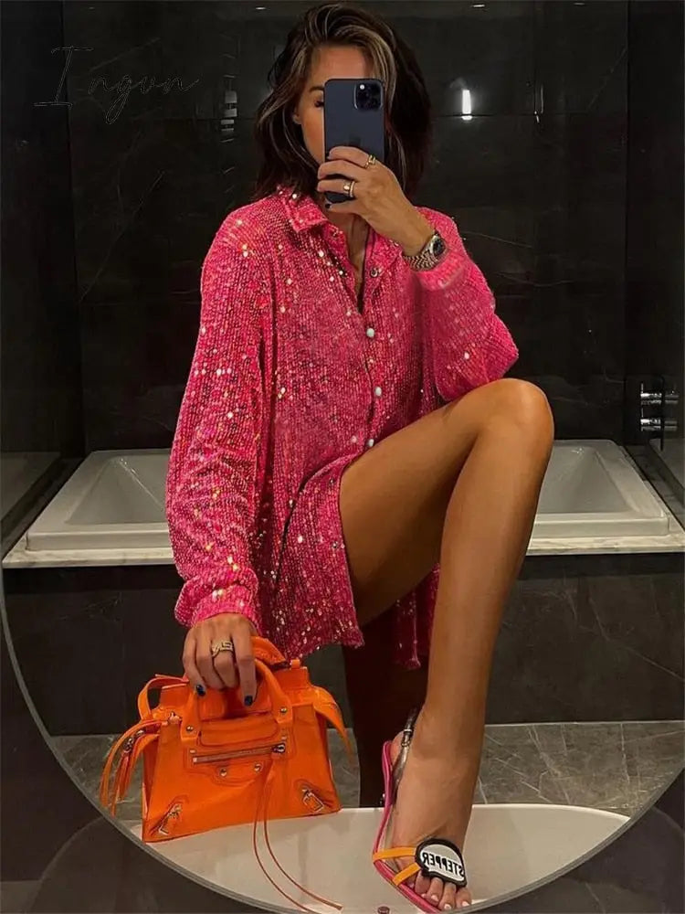 Ingvn - Sparkly Two-piece Set Party Outfits For Womens Sequin Top Blouse Shirt And Pants Suit Female Luxury Evening Tracksuit New