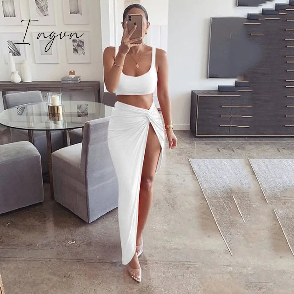 Ingvn - Sexy Party 2 Piece Set Women Plus Size Crop Top Twist Side Split Long Skirts Matching Sets Club Two Piece Outfits
