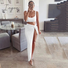 Ingvn - Sexy Party 2 Piece Set Women Plus Size Crop Top Twist Side Split Long Skirts Matching Sets Club Two Piece Outfits