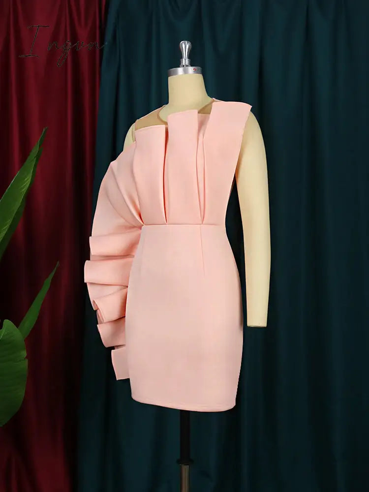 Ingvn - Fashion Trends Women Pink Dress Party Ruffle Stylish Occasion Celebrate Sleveless Mesh Patchwork Elegant Slim Summer Homecoming Robe Gowns
