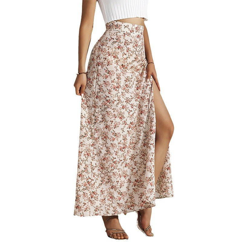 High waist slit floral long skirt for women Fashion slim printed skirt