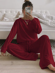Cozy Women's Solid Lounge Set - Soft Long Sleeve Round Neck Top & Elastic Drawstring Pants for Ultimate Comfort - Perfect Relaxed Fit for Fall and Winter Seasons