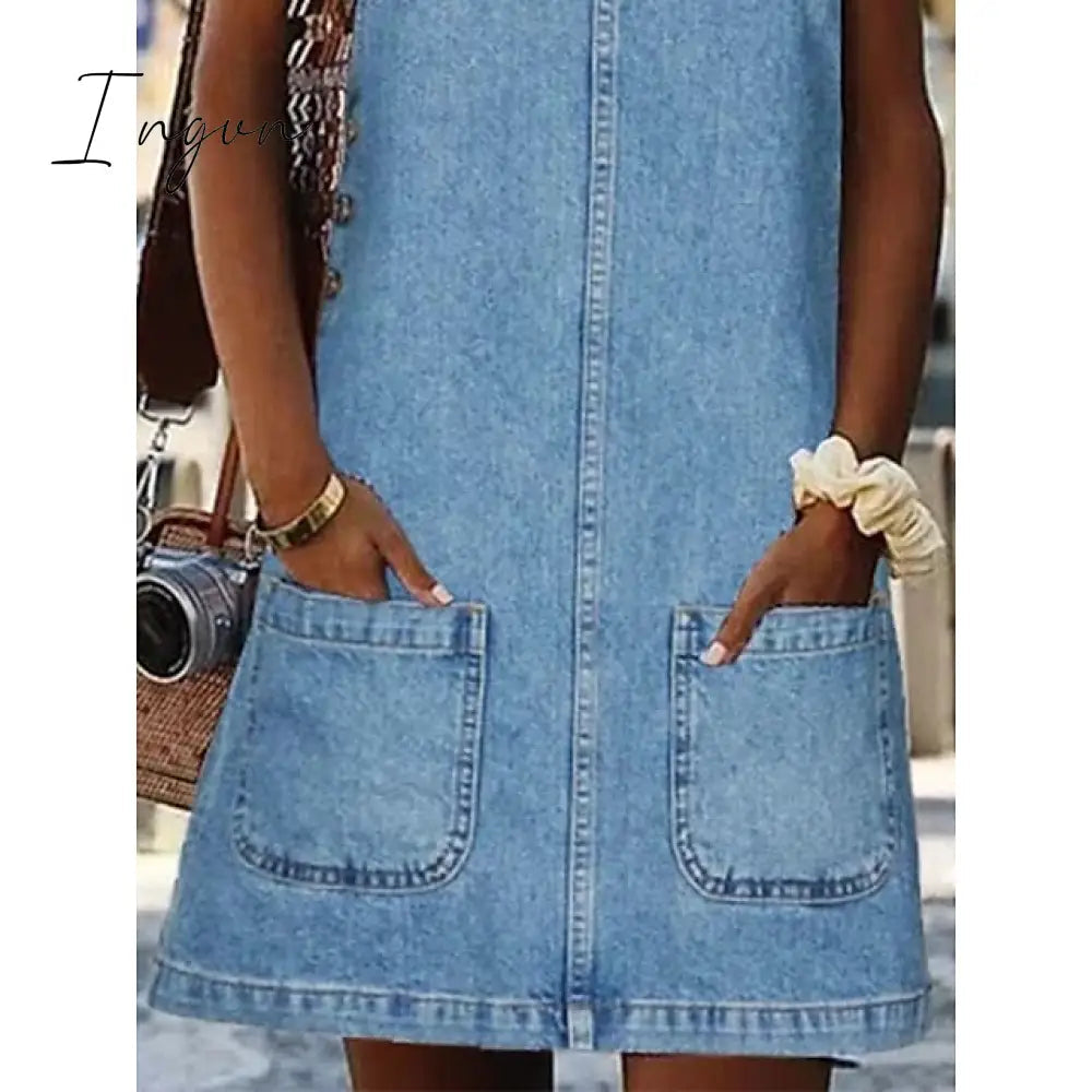 Ingvn - Women's Casual Dress Shift Dress Denim Overall Pinafore Dress Mini Dress Denim Fashion Modern Outdoor Daily Vacation U Neck Pocket Sleeveless Summer Spring 2023 Regular Fit Black Blue Gray Plain S M