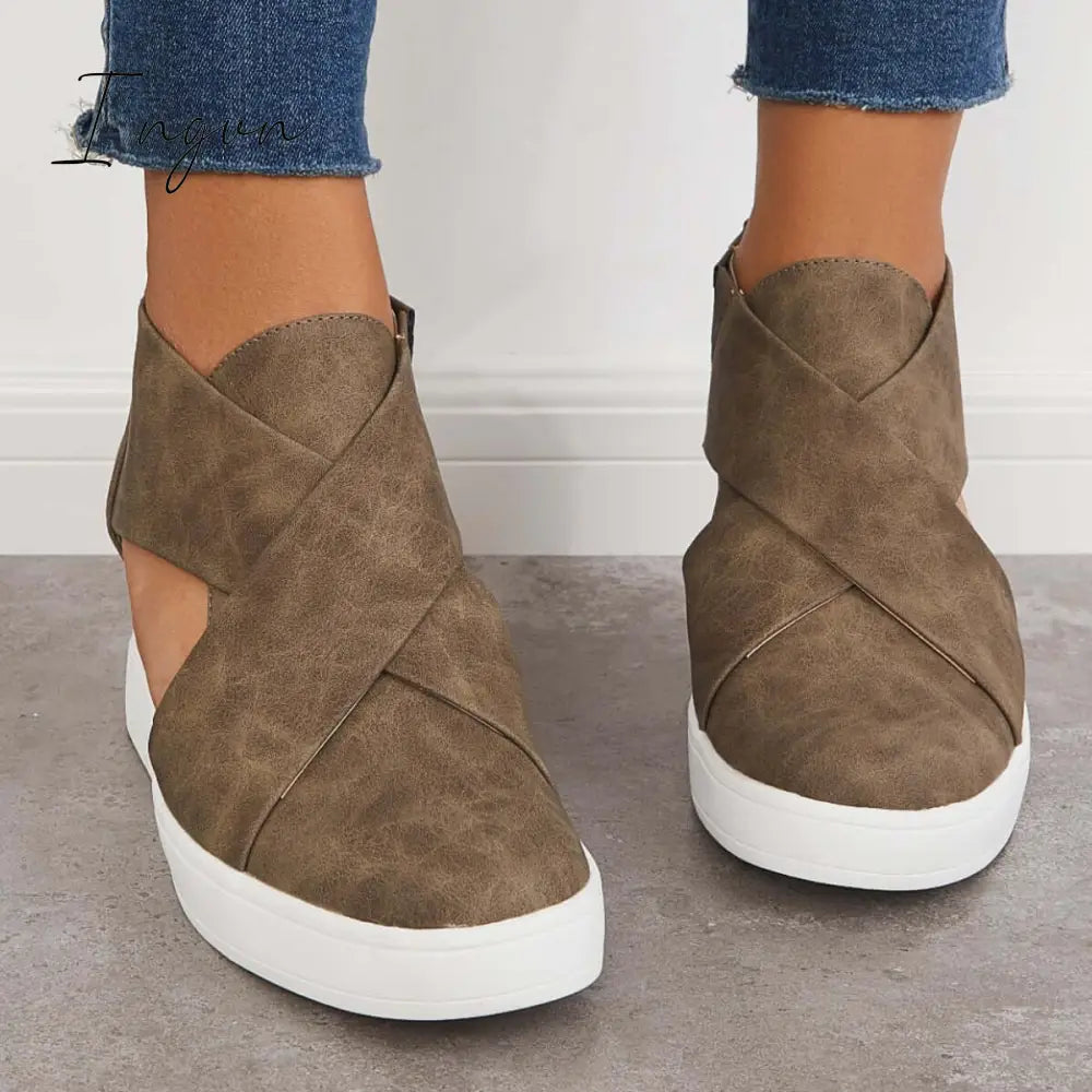 Ingvn - Casual Wedge Sneakers Platform Crisscross Cut Out Shoes