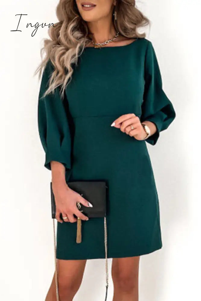 Ingvn - Elegant Solid With Bow Zipper O Neck Pencil Skirt Dresses