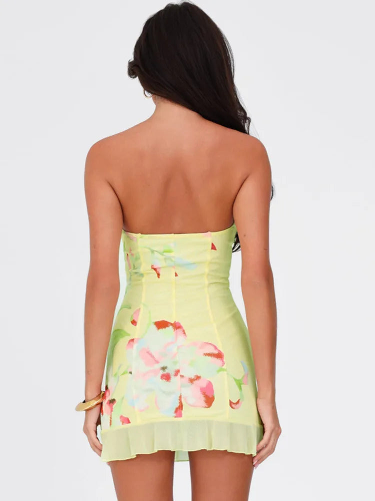 Off-shoulder Strapless Sexy Mini Dress For Women Robe Yellow Sleeveless Backless Ruffled Printed Club Dress Vestido