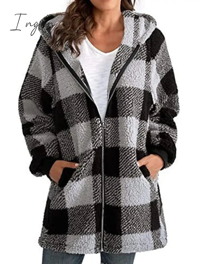 Ingvn - Women's Sherpa Jacket Fleece Long Teddy Coat Windproof Warm Home Christmas Daily Wear Vacation Zipper Pocket Zipper Hoodie Ordinary Modern Plush Plaid Regular Fit Outerwear Long Sleeve Winter Fall