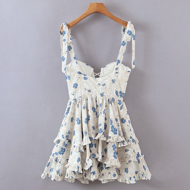 Voguable  Summer Sexy Sling Dress Women Floral Print Layer Ruffle Cake Mini Dress Sweet Ladies Holiday Party Short Robe Chic Vestido