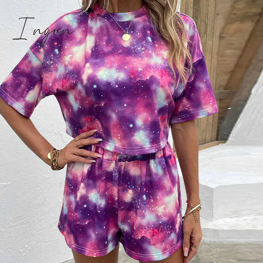 Ingvn - Tie Dye Round Neck Dropped Shoulder Half Sleeve Top and Shorts Set