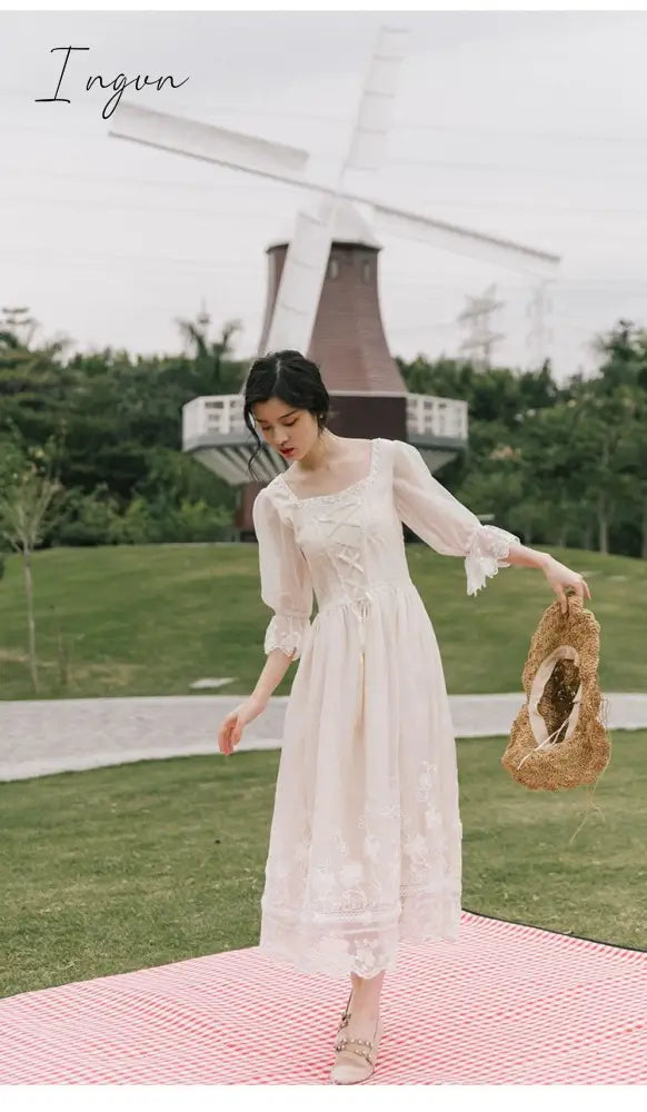 Ingvn - Vintage Retro Dress Women French Style Elegant Designer Fairy Dress Casual Slim Chiffon Party Dress  Autumn Women's Clothing