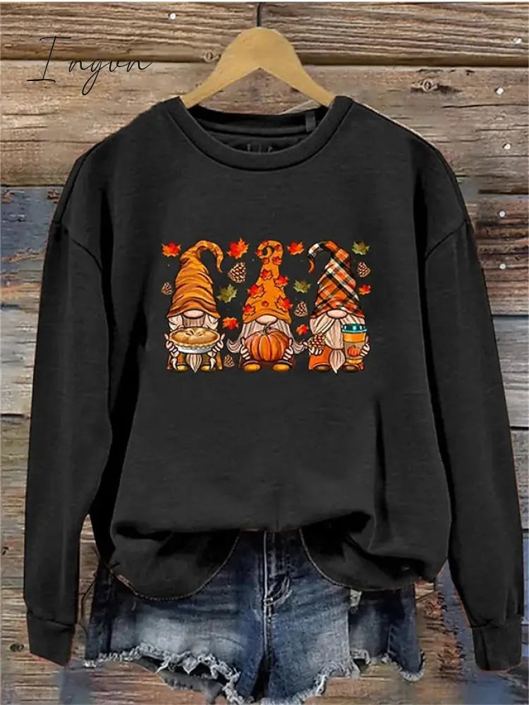 Ingvn - Women's Pullover Christmas Sweatshirt Fashion Black White Purple Gnome Christmas Round Neck Long Sleeve Top Micro-elastic Fall & Winter