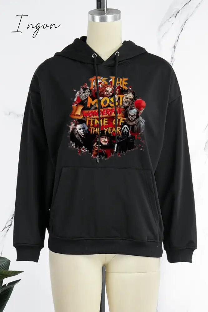 Ingvn - Black Vintage Character Draw String Hooded Collar Tops