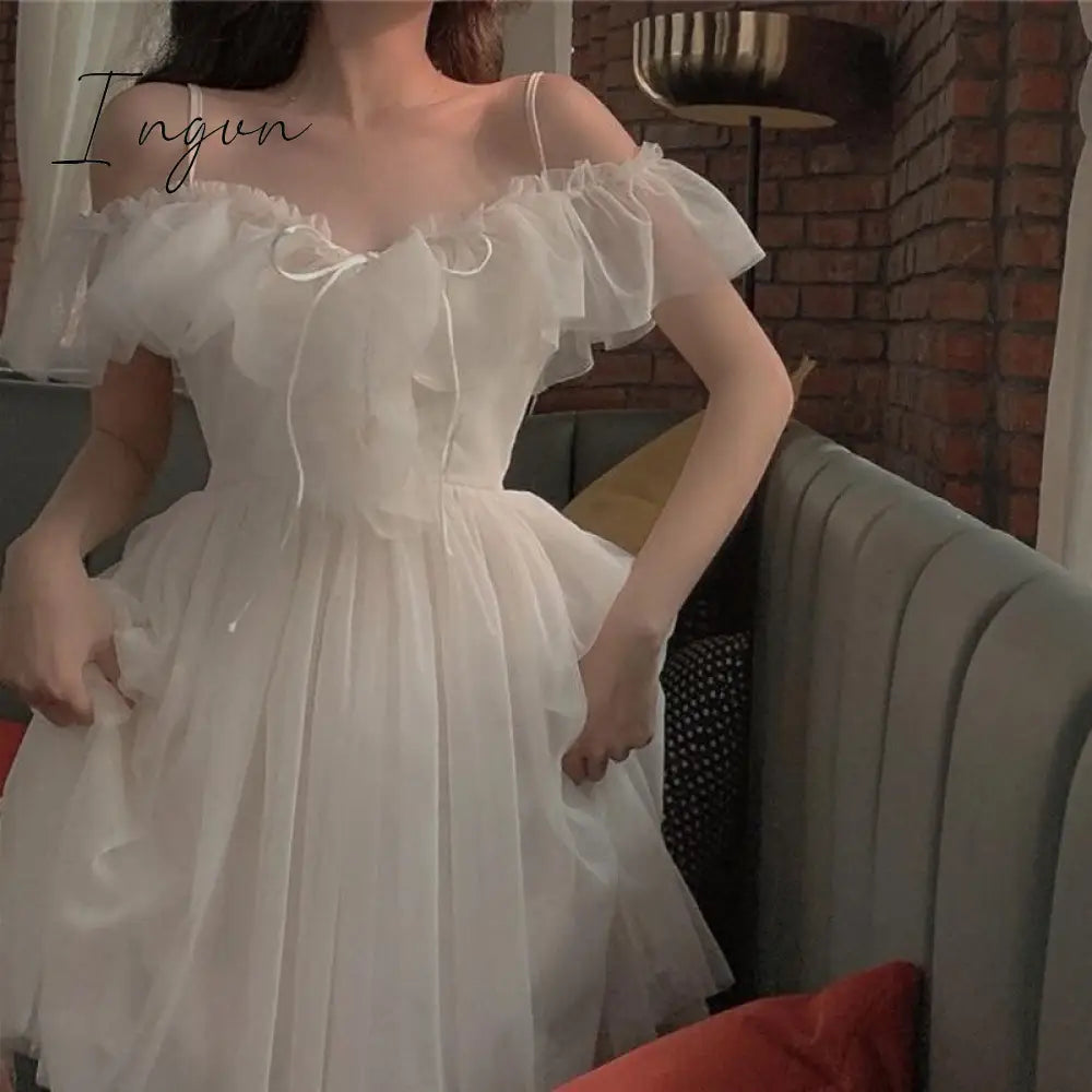 Ingvn - Going Out Outfits Mesh Ruffle Slash Neck Off Shoulder Dresses Lace Up Women Summer Vestidos Mujer Korean Fashion White Dress Strap Tide Robe Femme