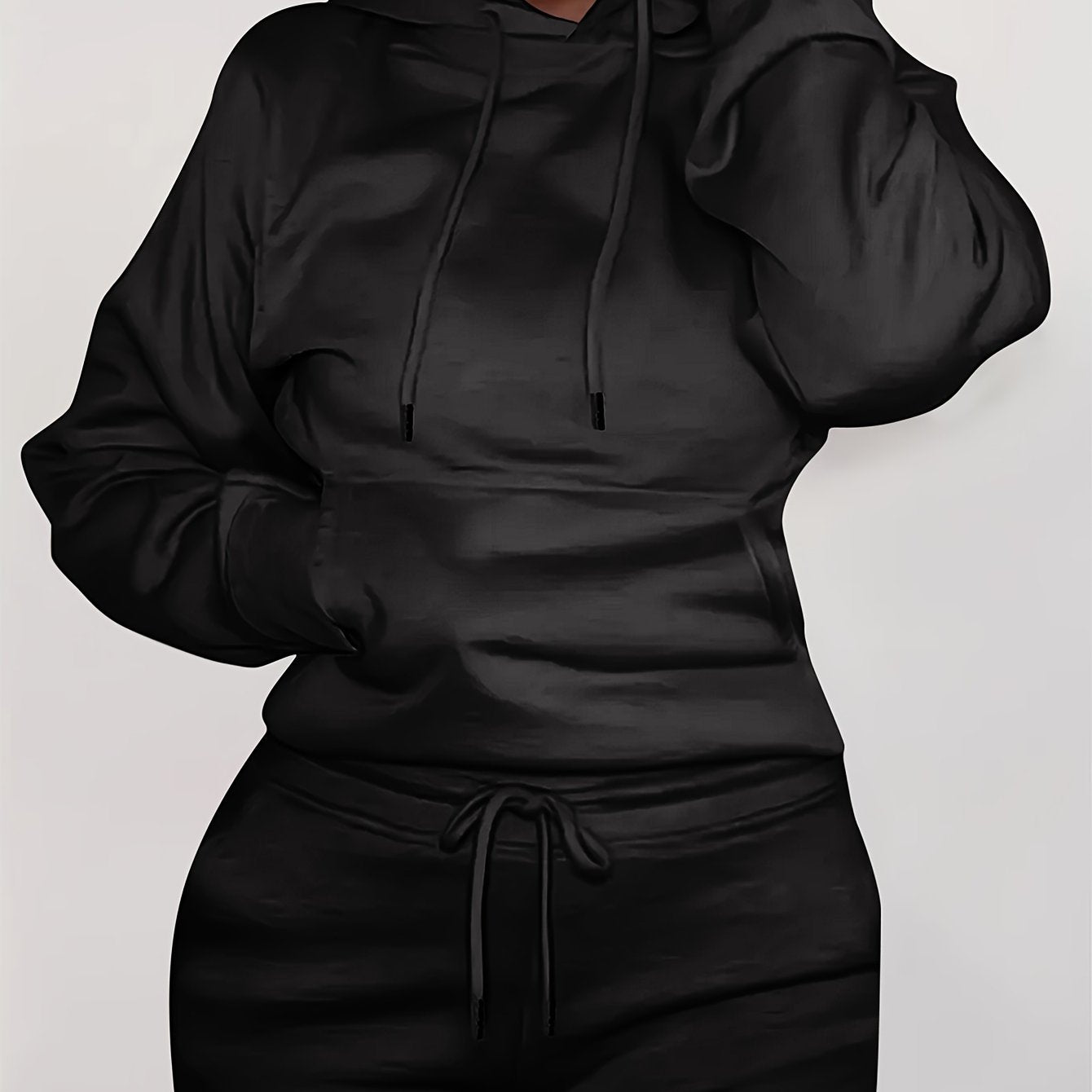 Solid Kangaroo Pocket Hoodie Without Pants, Casual Long Sleeve Drawstring Hoodies Sweatshirt, Women's Clothing