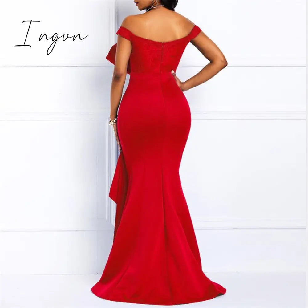 Ingvn - High Quality Summer New Red Elegant Women Party Dresses Sexy Low Cut Mermaid Beaded Lace Embroidery Wedding Evening Floor-Length Dress